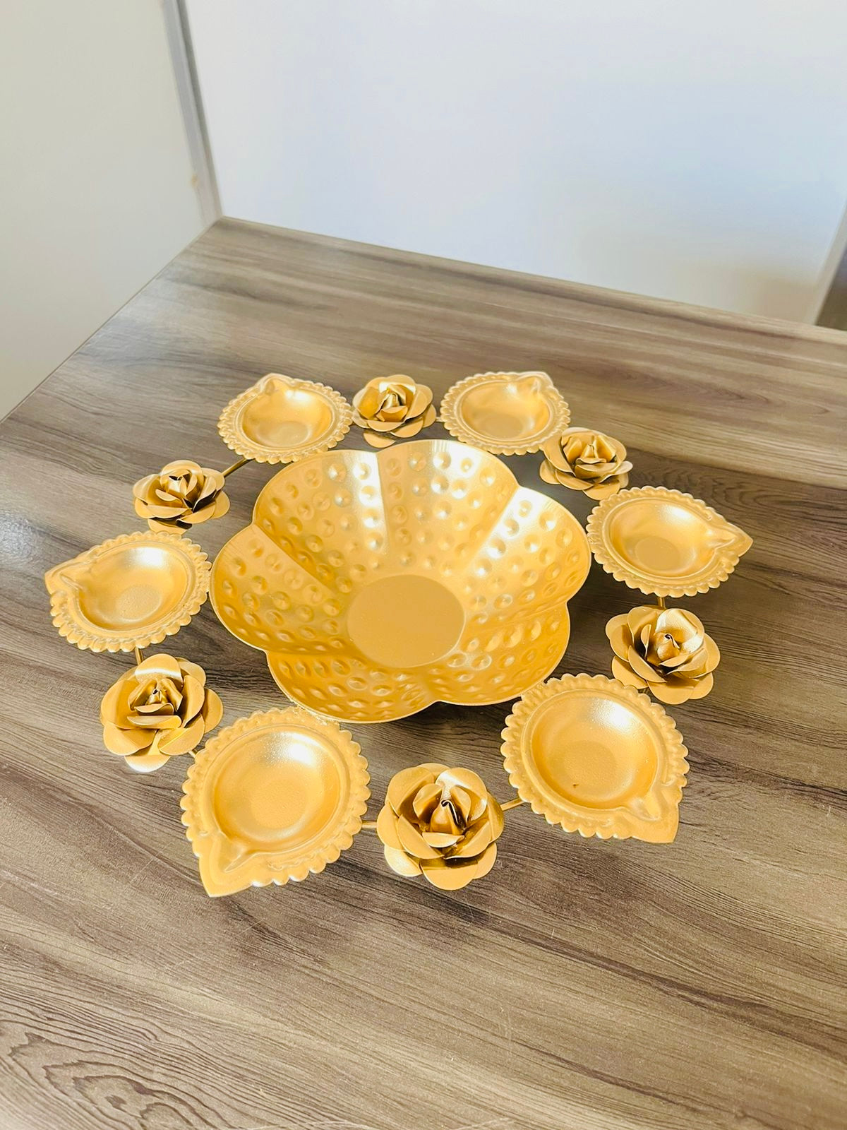 Rose and Diya Urli – 12 inch Elegant Floral Design with Attached Diyas for Festive Decor