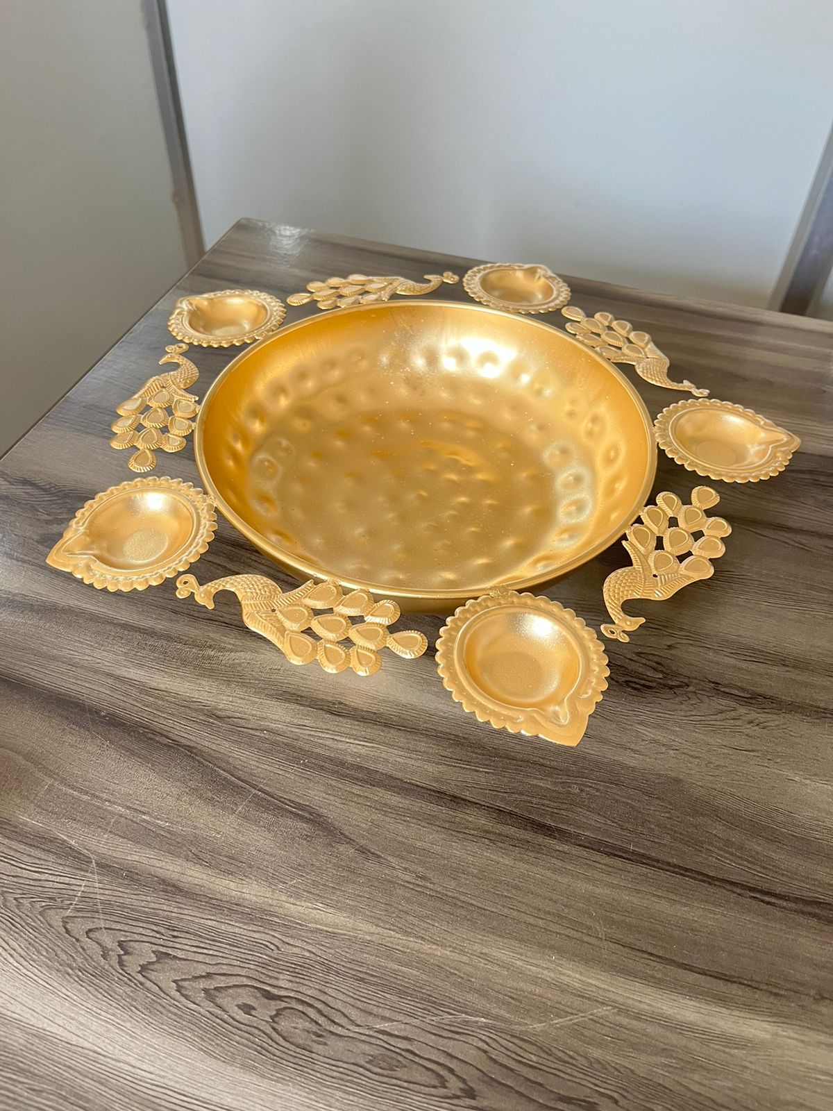 Peacock and Diya Urli – 15 inch Elegant Floral Design with Attached Diyas for Festive Decor