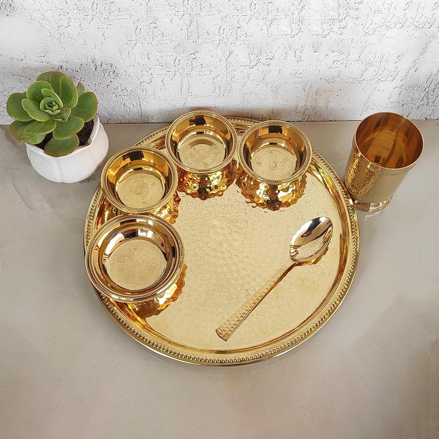 12 inch Brass Hammered Thali Set of 7 items - Exquisite Tableware for Elegant Dining
