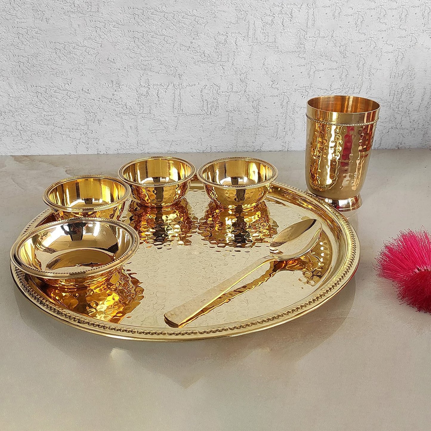 12 inch Brass Hammered Thali Set of 7 items - Exquisite Tableware for Elegant Dining