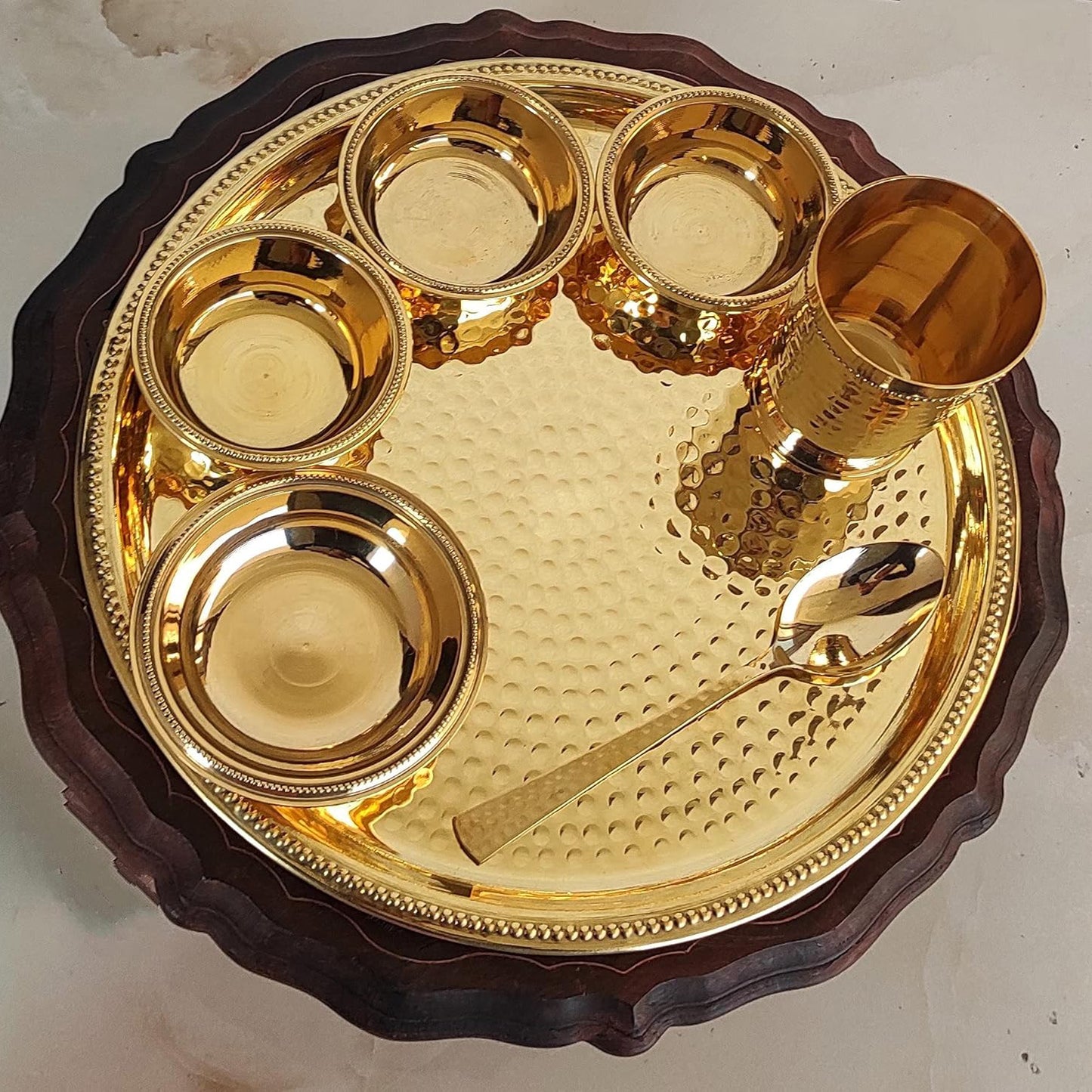 12 inch Brass Hammered Thali Set of 7 items - Exquisite Tableware for Elegant Dining