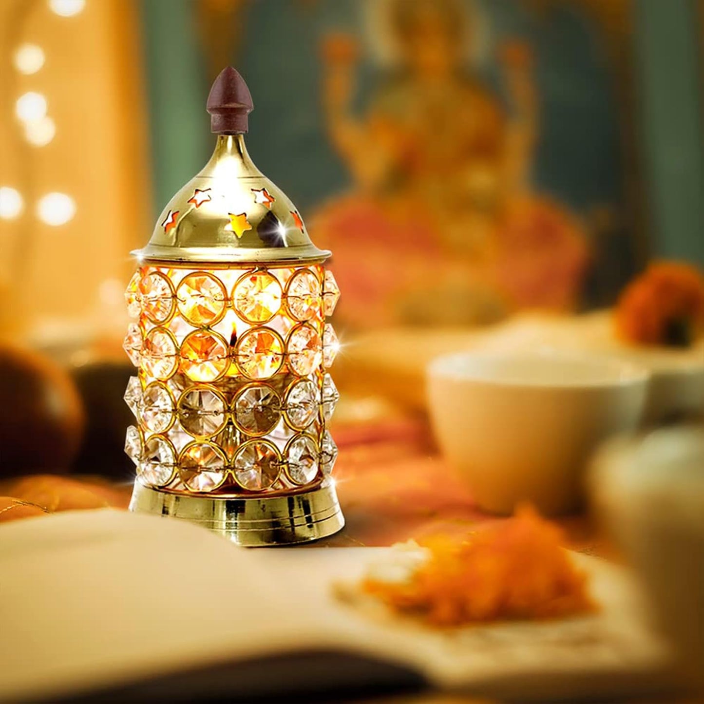 Crystal Akhanda Deep with Brass Oil Lamp – Continuous Flame Diya