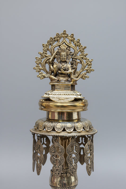 Handcrafted Nepali Brass Panas Oil Lamp Set with Ganesh & Kartikeya | 29" Temple Lamps (Pair)