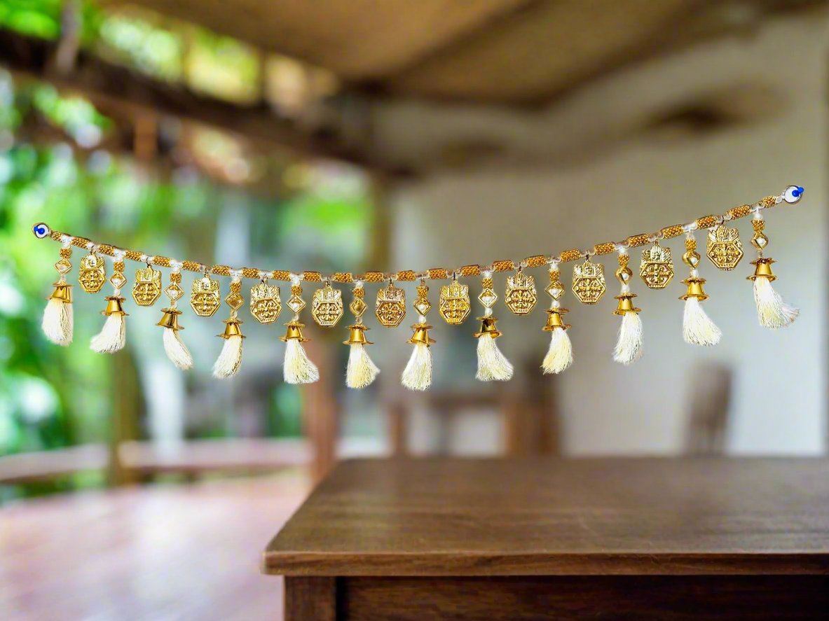 White and Gold Handcrafted Toran - Traditional Indian Doorway Decor