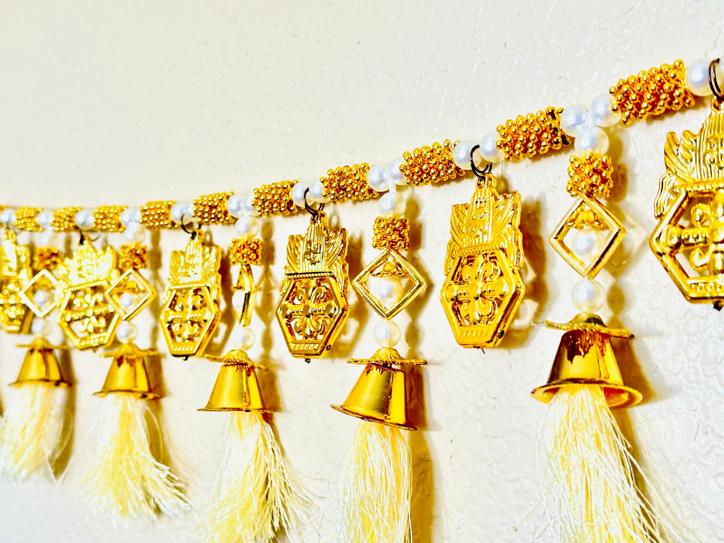 White and Gold Handcrafted Toran - Traditional Indian Doorway Decor
