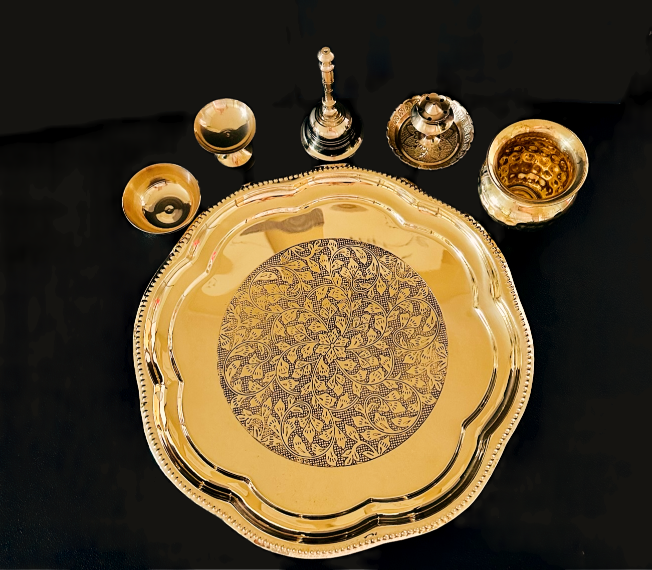 Designer Brass Puja Thali Set of 6 item - 12inch