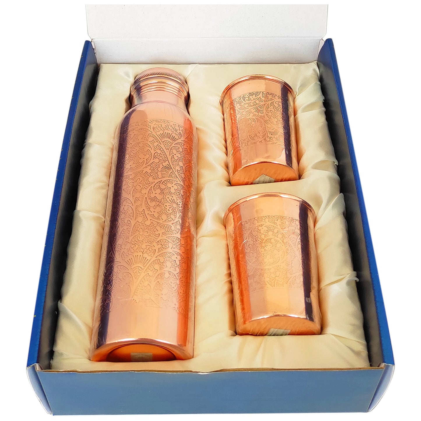 Pure Copper Drinkware Gift Set of 2 Glass and 1 Bottle in Embossed Design