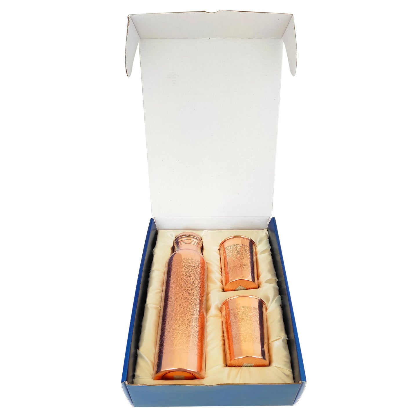 Pure Copper Drinkware Gift Set of 2 Glass and 1 Bottle in Embossed Design