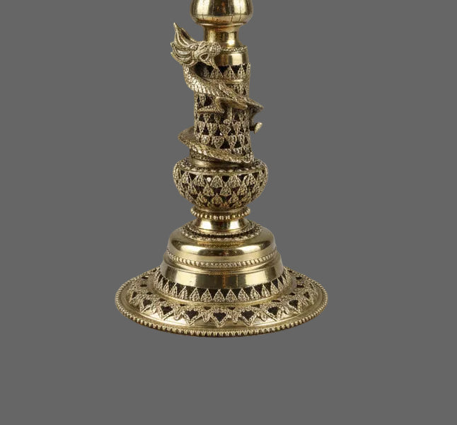 Handcrafted Nepali Brass Panas Oil Lamp Set with Ganesh & Kartikeya | 29" Temple Lamps (Pair)