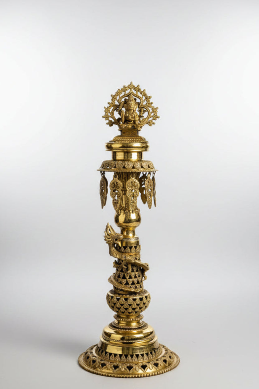Handcrafted Nepali Brass Panas Oil Lamp Set with Ganesh & Kartikeya | 29" Temple Lamps (Pair)