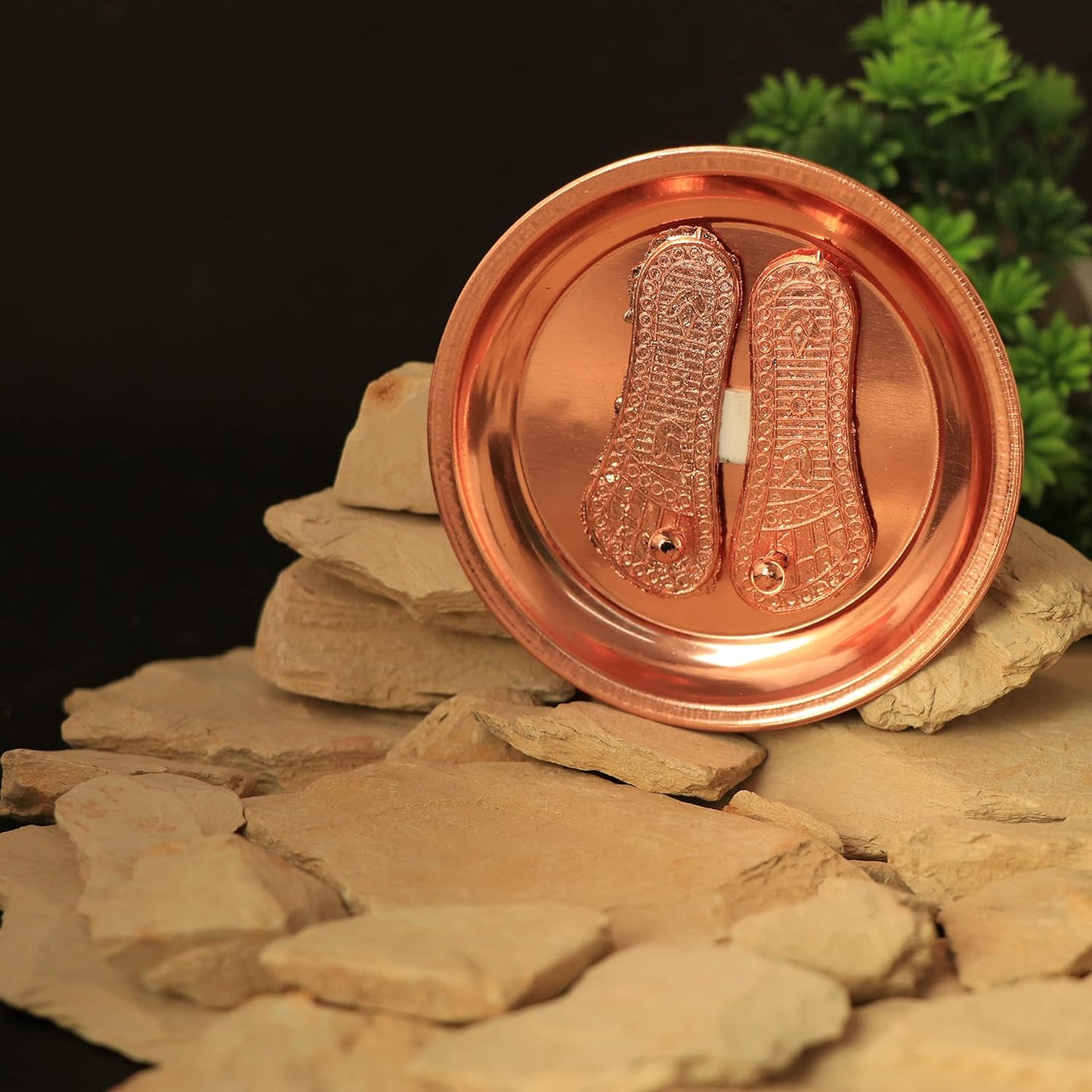 Copper Charan Paduka on Plate - Divine Blessings and Spiritual Elegance