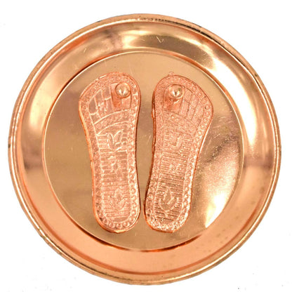 Copper Charan Paduka on Plate - Divine Blessings and Spiritual Elegance