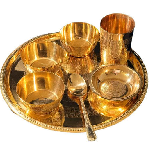 Brass Thali Set of 7 items, 12inch- Exquisite Tableware for Elegant Dining