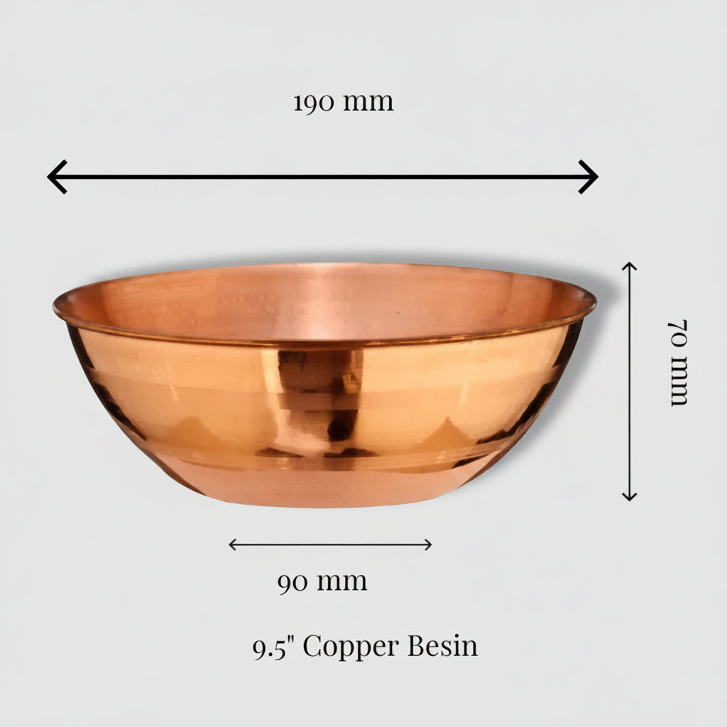 A copper bowl shown with dimension arrows and labels indicating a width of 190 mm, a height of 70 mm, and a depth of 90 mm, on a plain white background.
