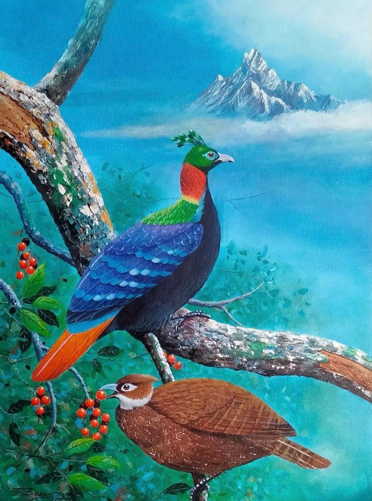 A colorful painting of two birds in a natural landscape. A brightly colored bird with blue, green, red, and orange feathers perches on a tree branch, while a brown bird looks on below.
