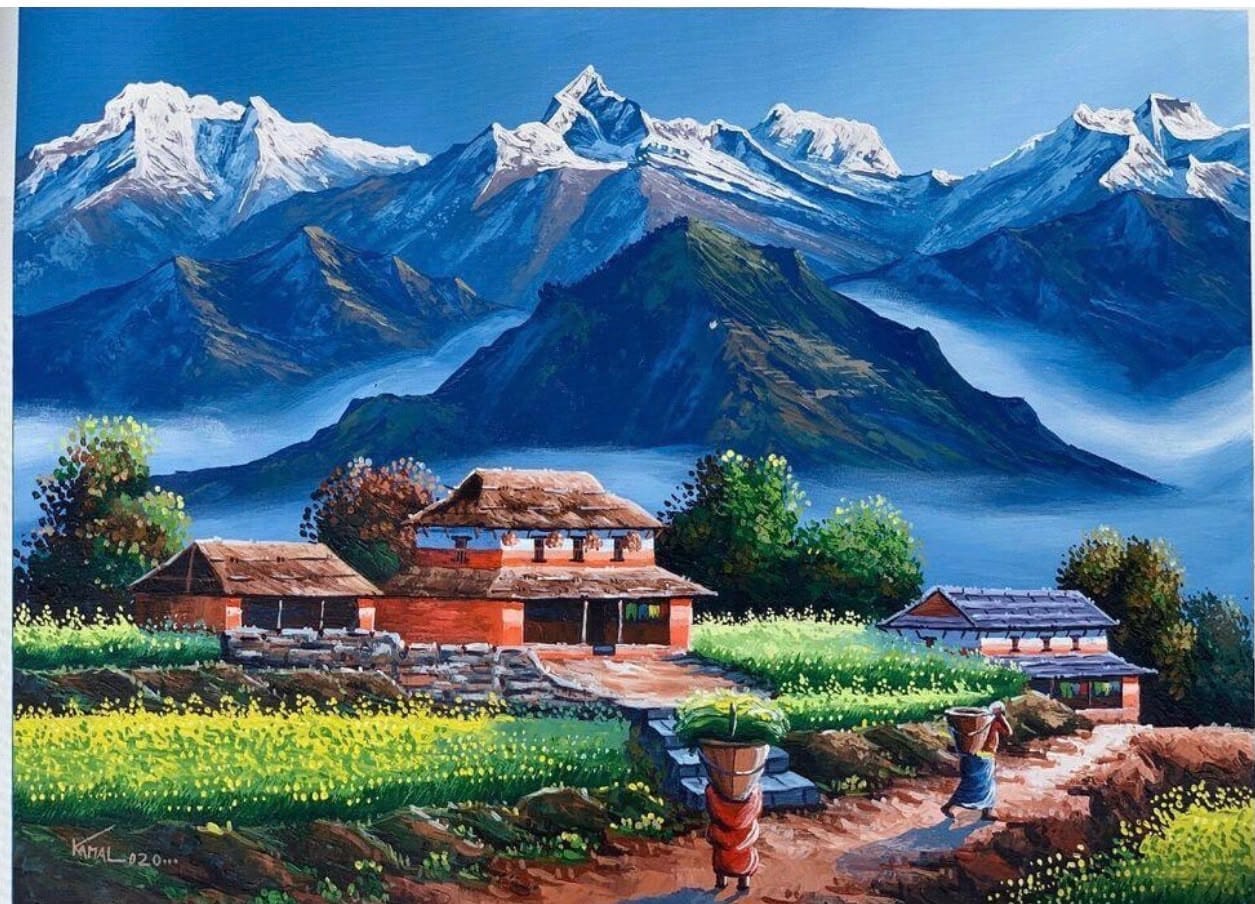 A colorful landscape painting depicting snow-capped mountains, green fields, traditional houses, and a few people in the foreground.