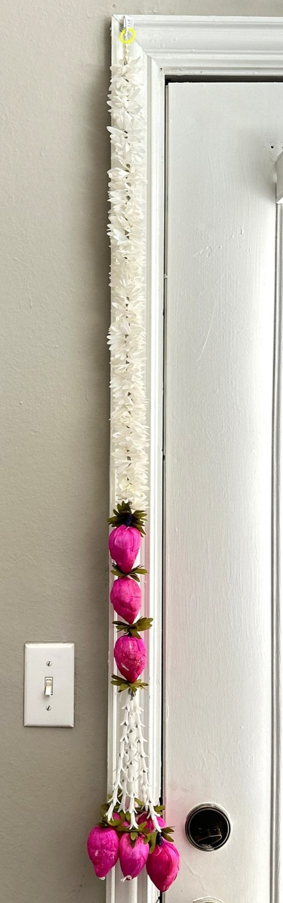 44 inch Handcrafted Pink Lotus Bulb Latkan on white flower, Traditional Indian Doorway Decor