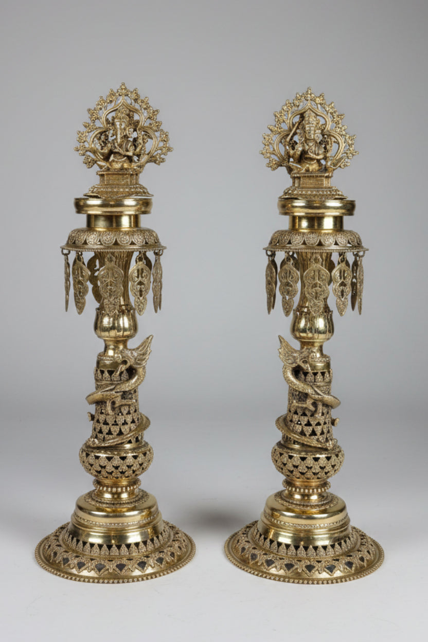Handcrafted Nepali Brass Panas Oil Lamp Set with Ganesh & Kartikeya | 29" Temple Lamps (Pair)