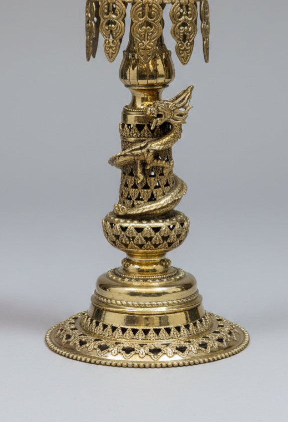 Handcrafted Nepali Brass Panas Oil Lamp Set with Ganesh & Kartikeya | 29" Temple Lamps (Pair)