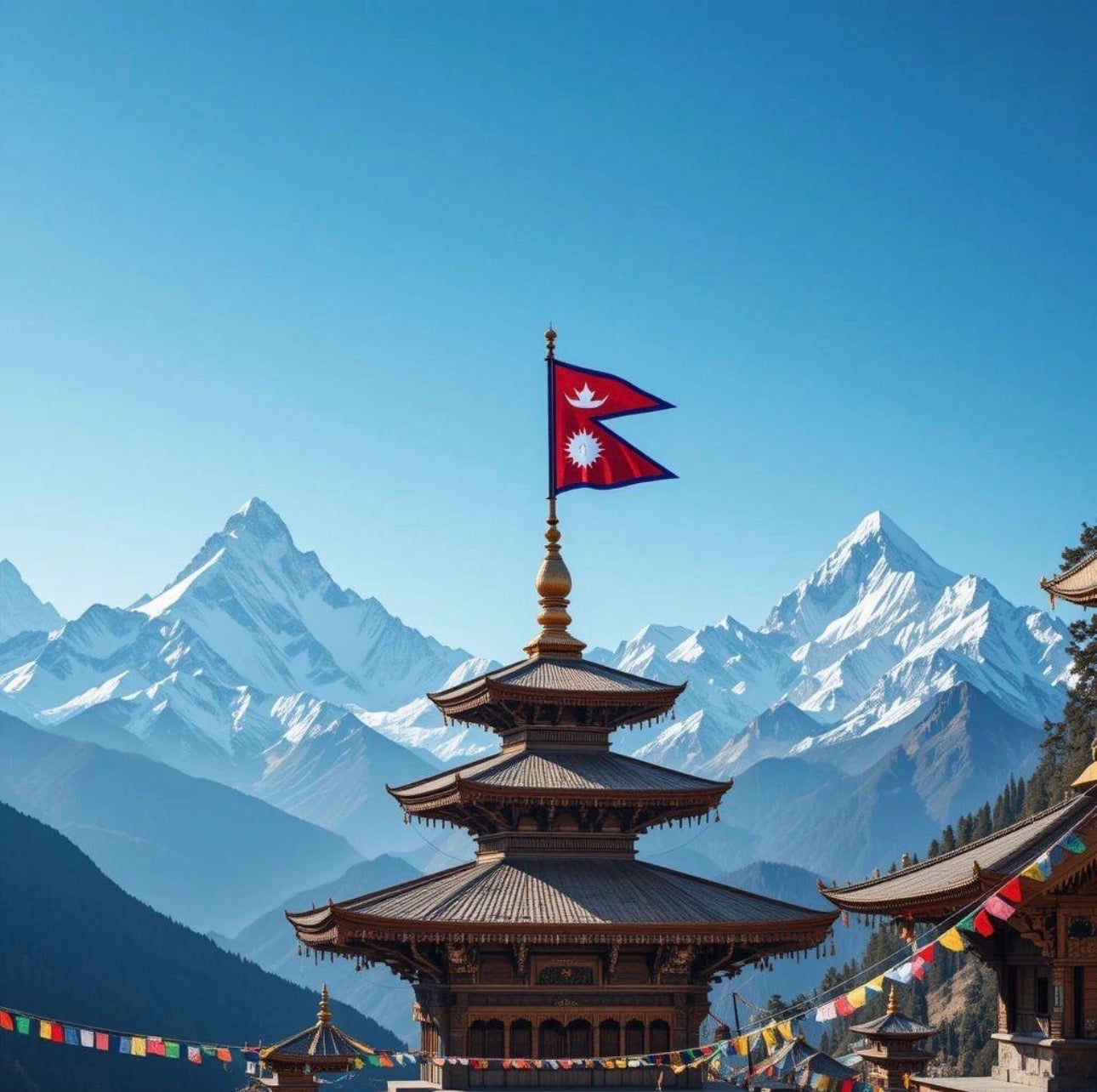 A multi-tiered traditional wooden temple structure with a Nepalese flag flying from its spire, set against a backdrop of majestic snow-capped mountains and a clear blue sky.