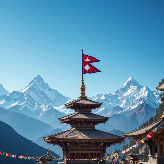 A multi-tiered traditional wooden temple structure with a Nepalese flag flying from its spire, set against a backdrop of majestic snow-capped mountains and a clear blue sky.