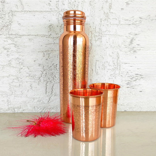 Pure Copper Drinkware Gift Set of 2 Glass and 1 Bottle in Embossed Design