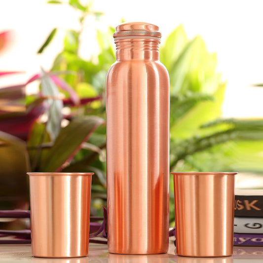 Pure Copper Matt Finish Lacquer Coated Leak Proof Drinkware Gift Set of 2 Glass and 1 Bottle