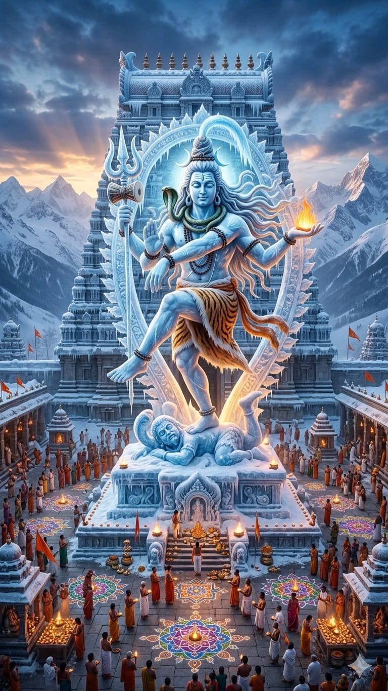 A dramatic fantasy-style artwork showing a large blue statue of a Hindu deity on a temple platform, surrounded by many small figures, mountains, and glowing lights under a cloudy sky.