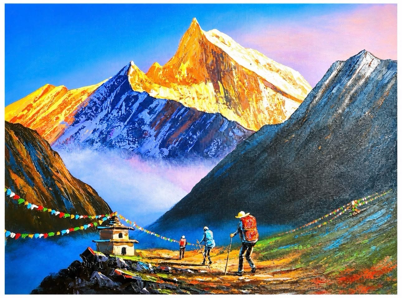 A colorful landscape painting of snow-capped mountain peaks with hikers, a small temple, and prayer flags in the foreground under a blue and pink sky.