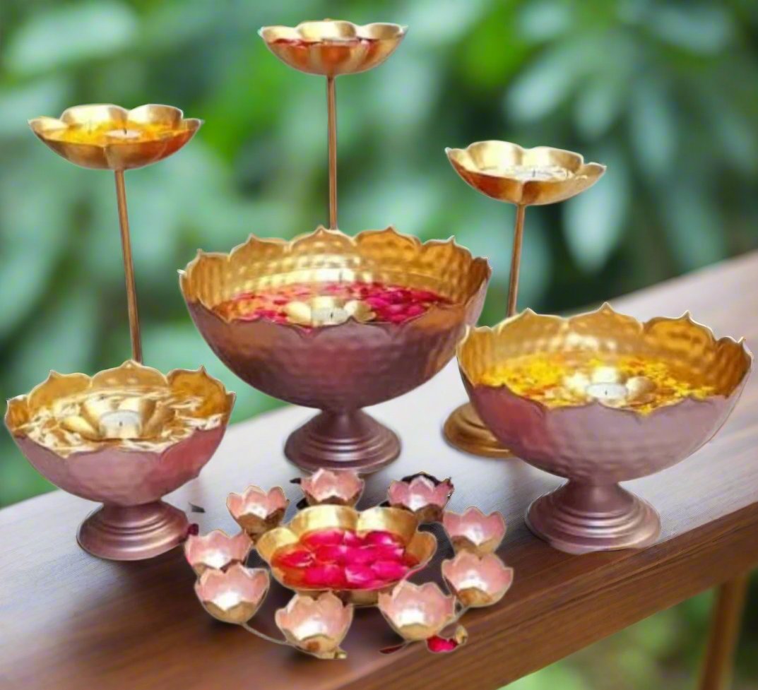 Taj urli Bowl Set with 3 Lotus tealight Candle Stand & Floating Diya