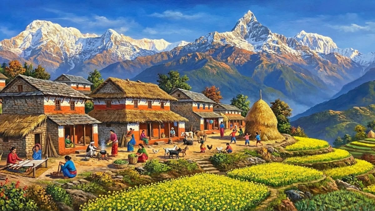 A colorful painting of a mountain village with snow-capped peaks, terraced yellow fields, thatched-roof houses, and small figures of people working and gathering in the foreground.